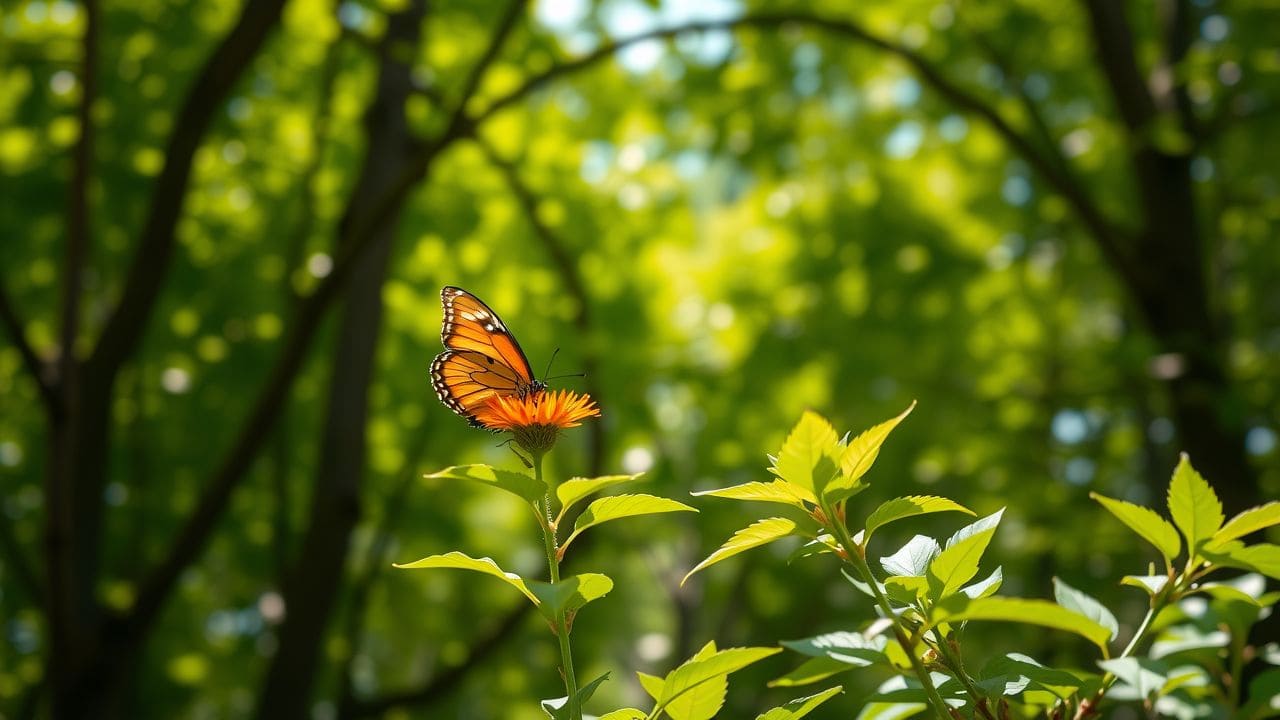 Een vlinder rust op een bloeiende bloem in een rustige natuurlijke omgeving.