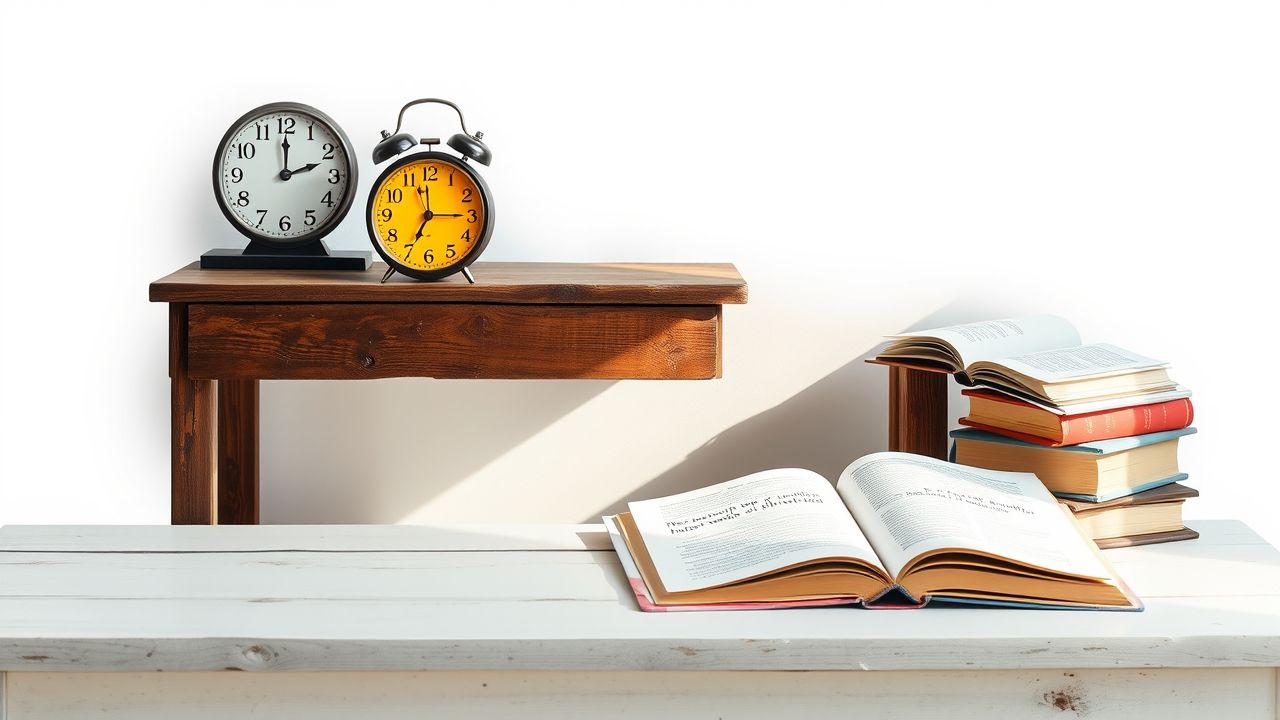 Een houten bureau met een ouderwetse klok en open boeken.