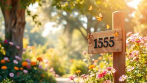 Een serene tuinscène met bloemen, vlinders en huisnummerbord.