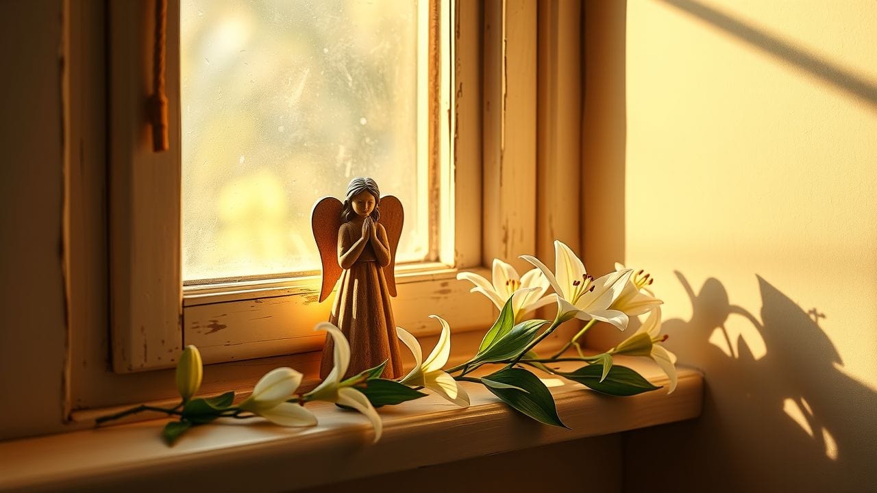 Een oude houten engelenfiguur op een vensterbank tussen bloeiende lelies. Een oude houten engelenfiguur op een vensterbank tussen bloeiende lelies.