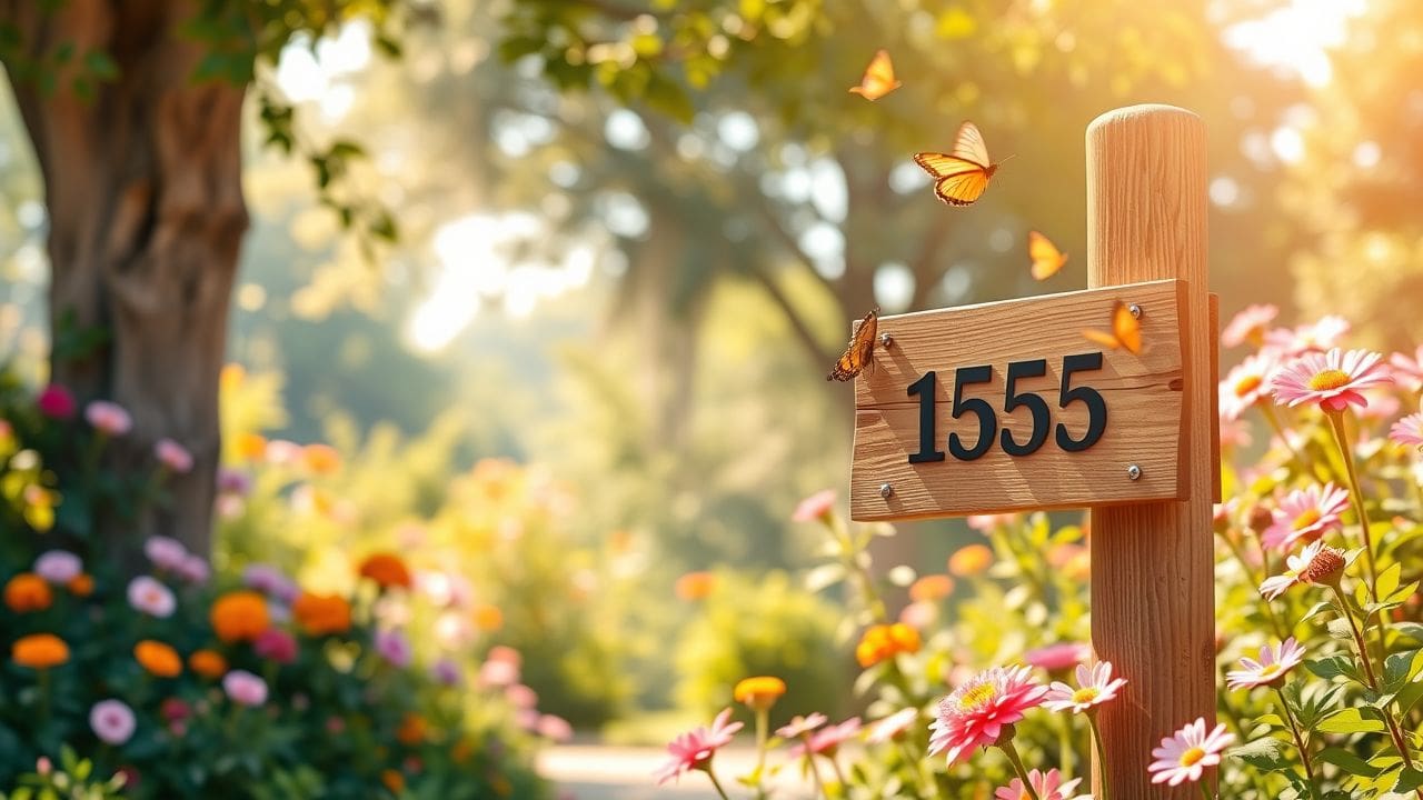 Een serene tuinscène met bloemen, vlinders en huisnummerbord.