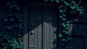 Een oude, verweerde deur met het nummer '16-16' en overwoekerde wijnstokken.