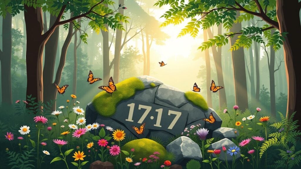 Een rustig bos bij zonsopgang met bloemen, vlinders en een steen met nummer '1717'.