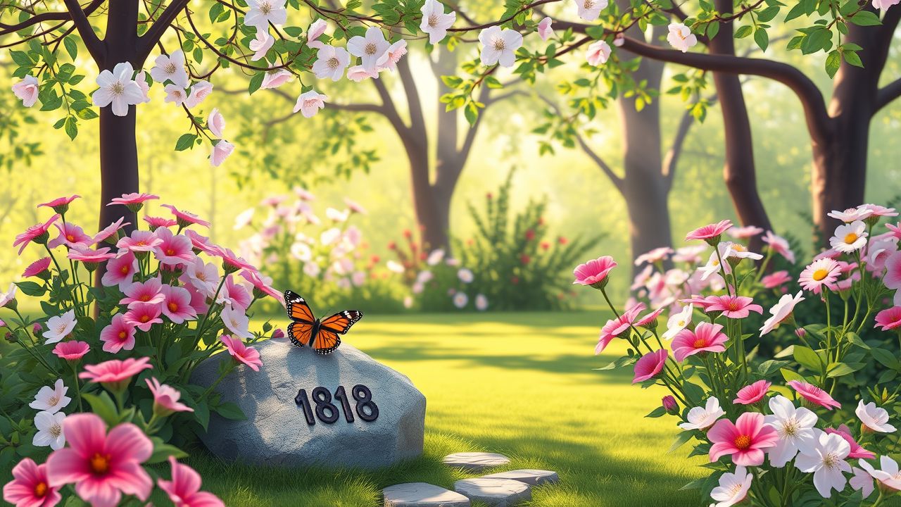 Een serene tuin met bloeiende bloemen en een rustende vlinder.