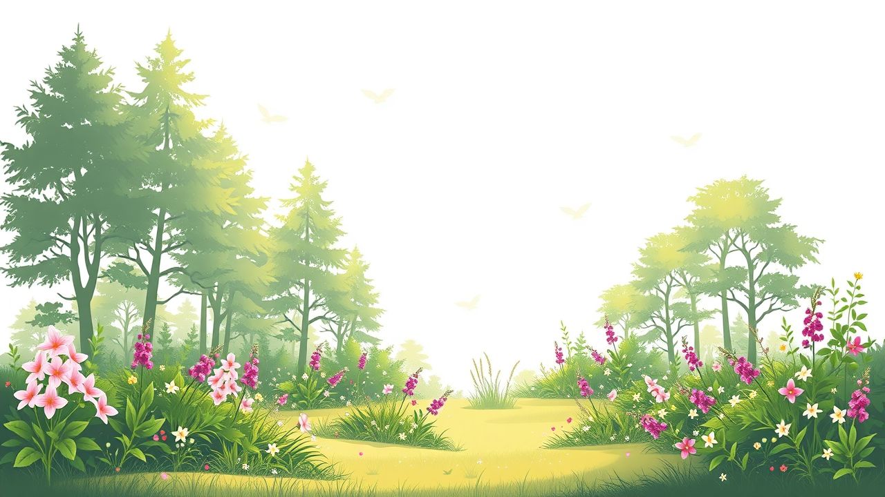 Een serene bosweide met bloeiende bloemen en zwevende figuren.