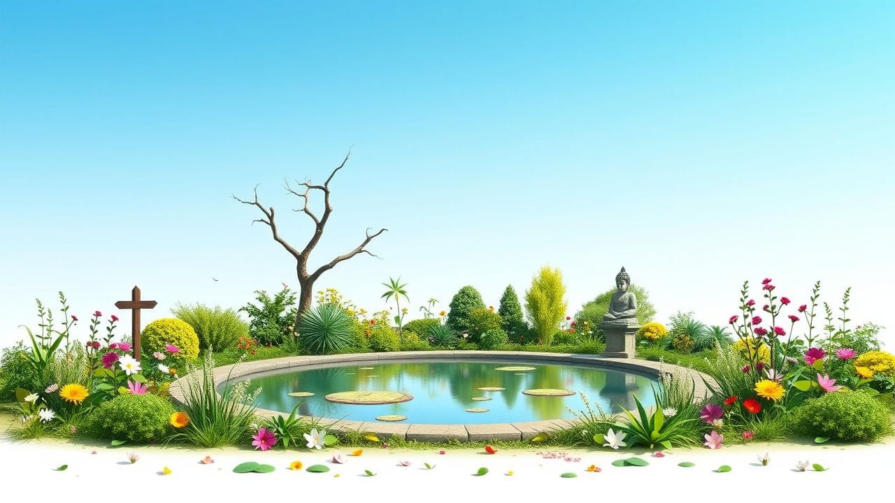 Een vredige tuin met vijver, bloemen en spirituele symbolen.