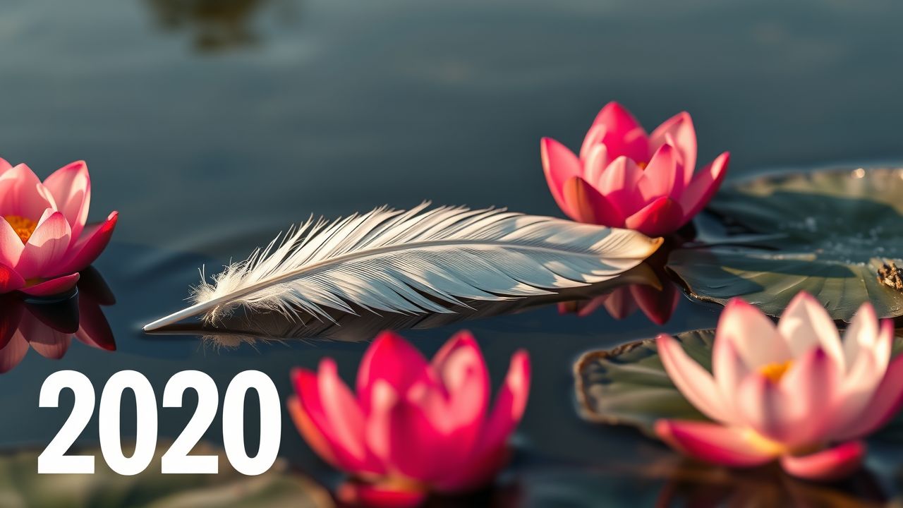 Een witte veer rust op een vijver tussen bloeiende lotusbloemen.