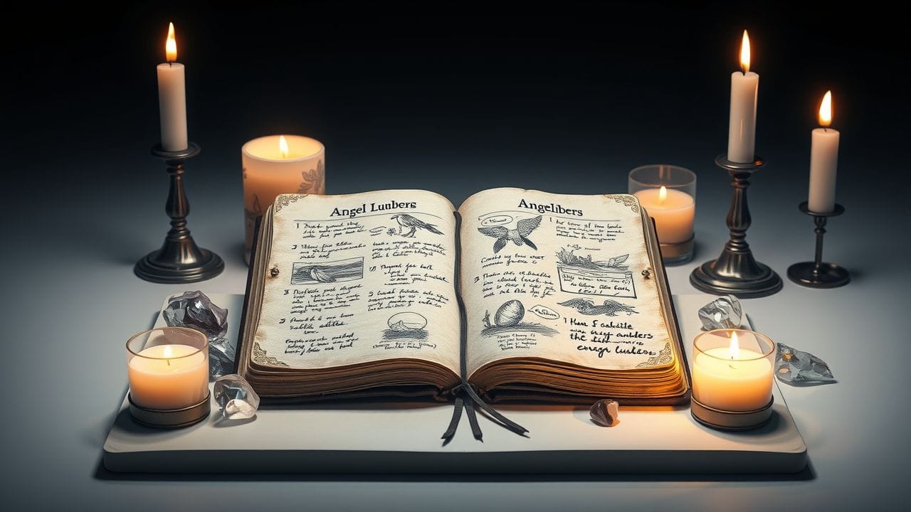 Een oude dagboek met engelnummers, kaarsen en kristallen in een rustige setting.