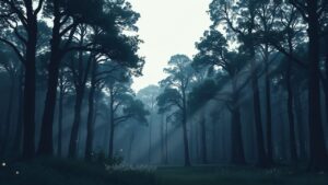 Een mystiek bos met oude bomen en vuurvliegjes bij schemering.