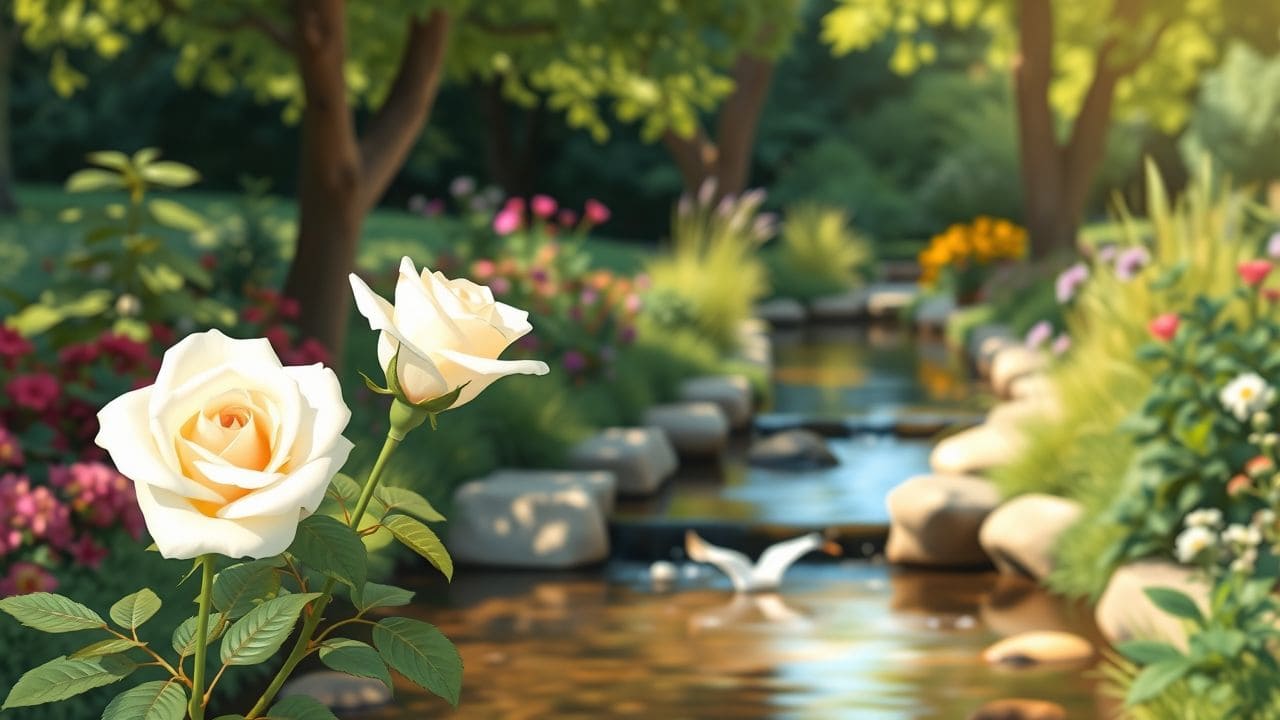 Een vredige tuin met een bloeiende witte roos langs een stroompje.