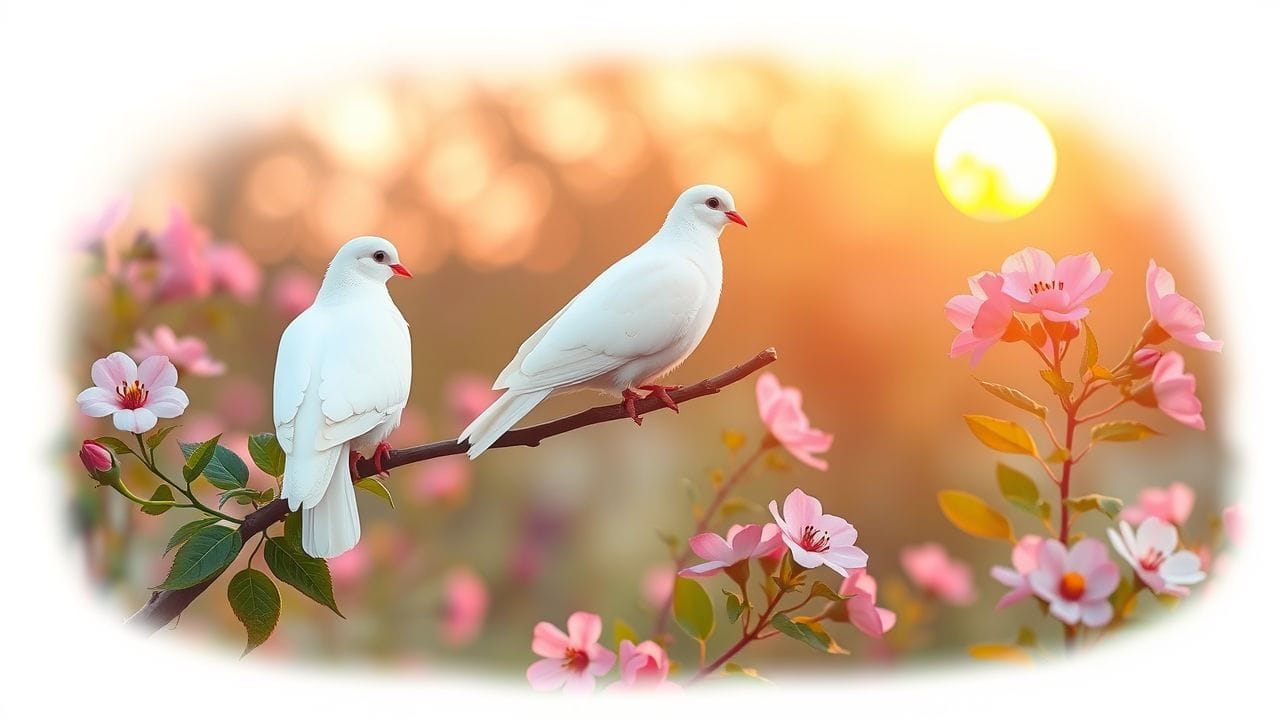 Twee witte duiven zitten op een tak in een bloeiende tuin.