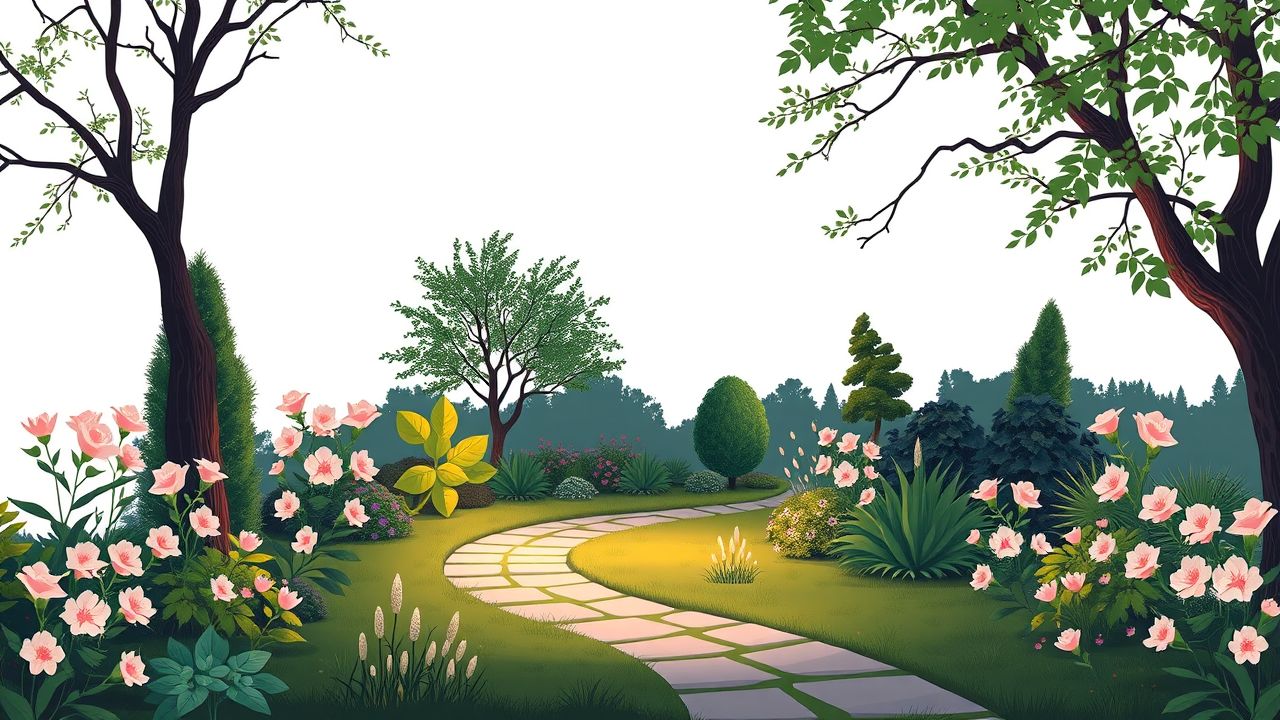 Een rustige tuin in de schemering, met bloemen en groen.