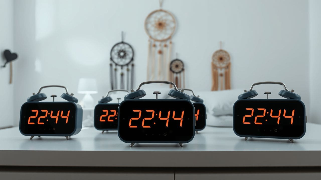 Digitale alarmklokken tonen verschillende engelennummers in een slaapkamer met droomvangers.