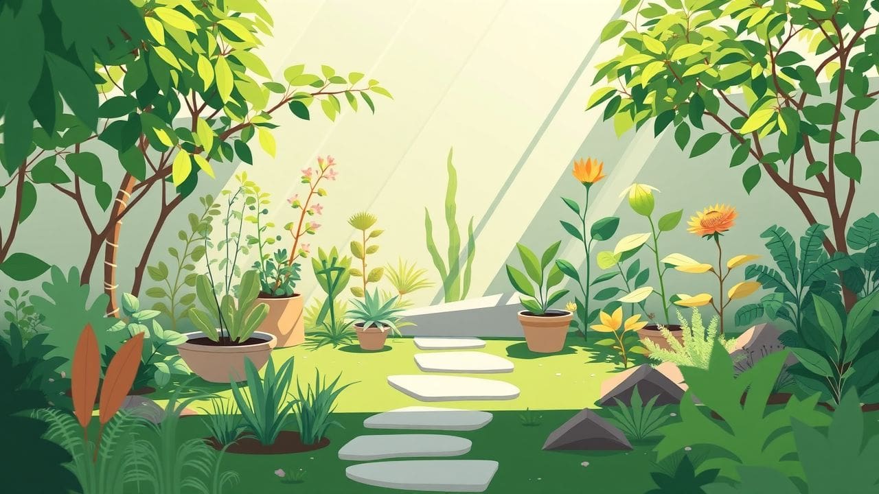 Een serene tuin met planten die groei en harmonie vertegenwoordigen.