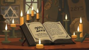 Een oud boek met inscripties en kaarsen creëert een mysterieuze sfeer.