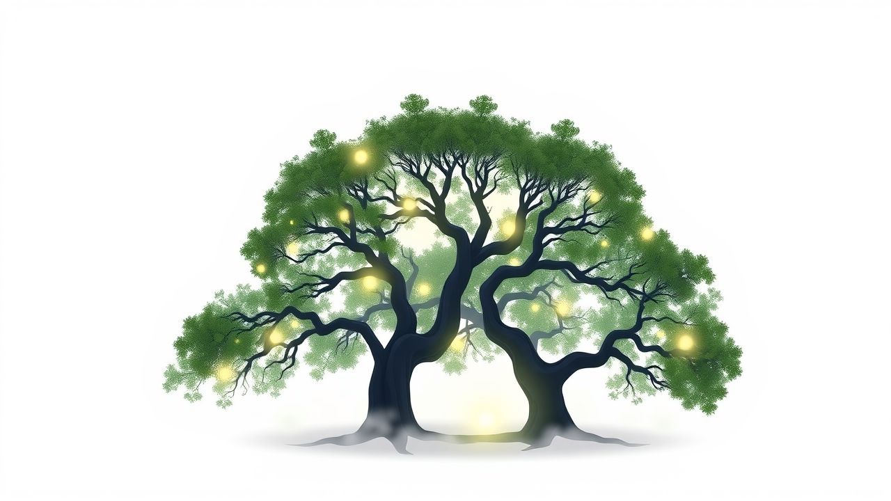 Een serene bossc&egrave;ne met twee eikenbomen in de vorm van 2323.