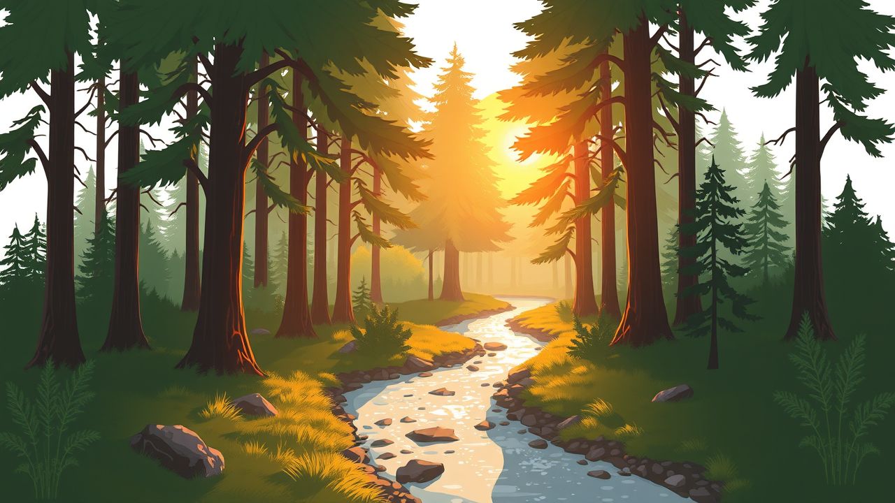 Een betoverend magisch bos bij zonsondergang met een kabbelend beekje.