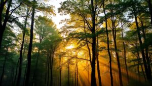 Een betoverend bos bij zonsondergang, met serene en vredige sfeer.