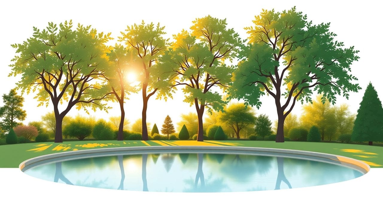 Een rustige tuinvijver omgeven door bomen in het ochtendlicht.