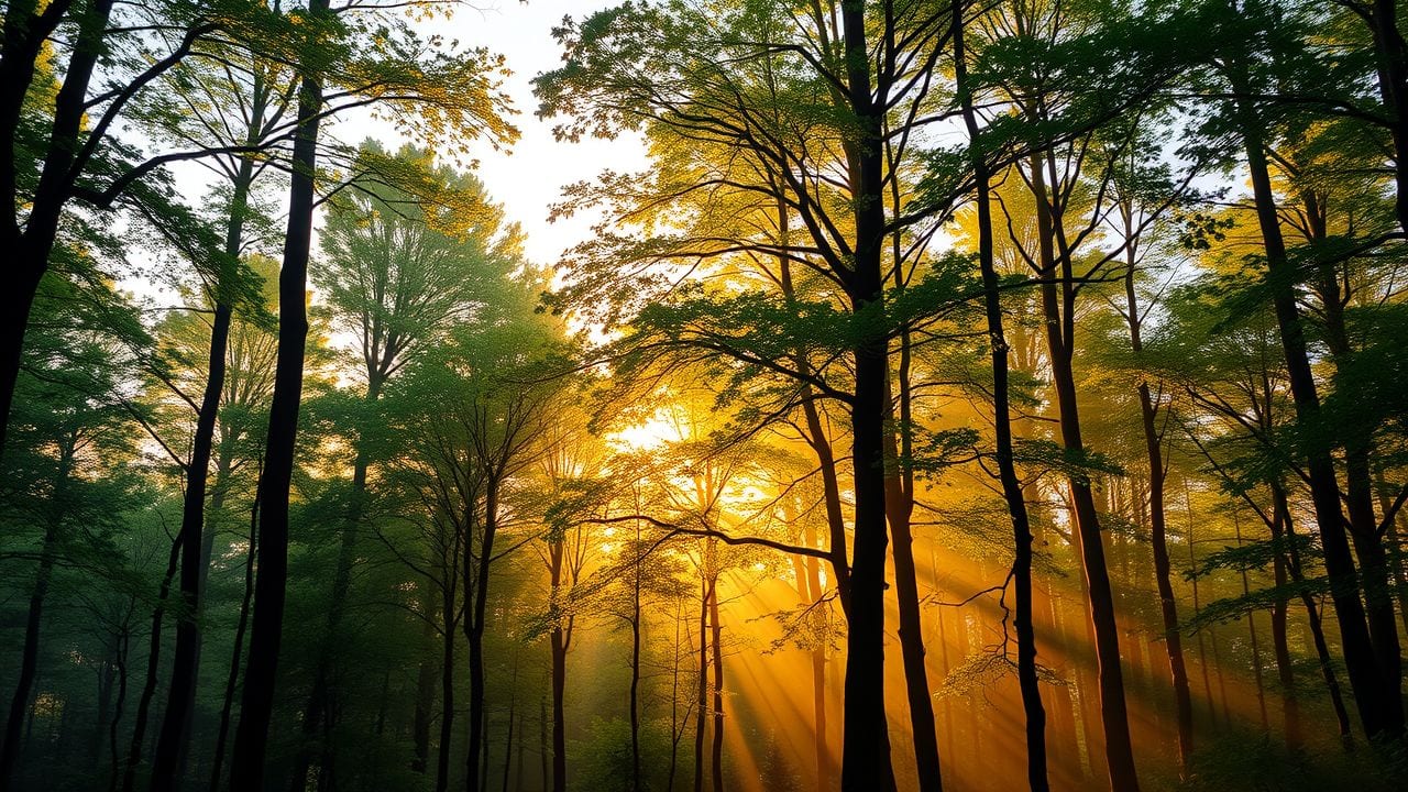 Een betoverend bos bij zonsondergang, met serene en vredige sfeer.