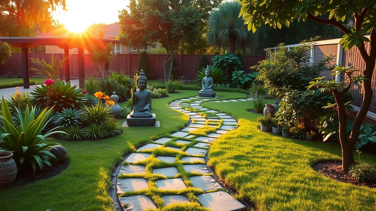Een rustige tuin met een kronkelend pad en serene beelden.