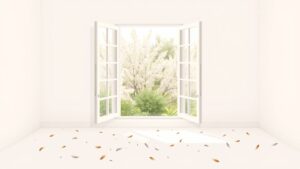 Een eenvoudige kamer met veren, kristallen en uitzicht op de tuin.