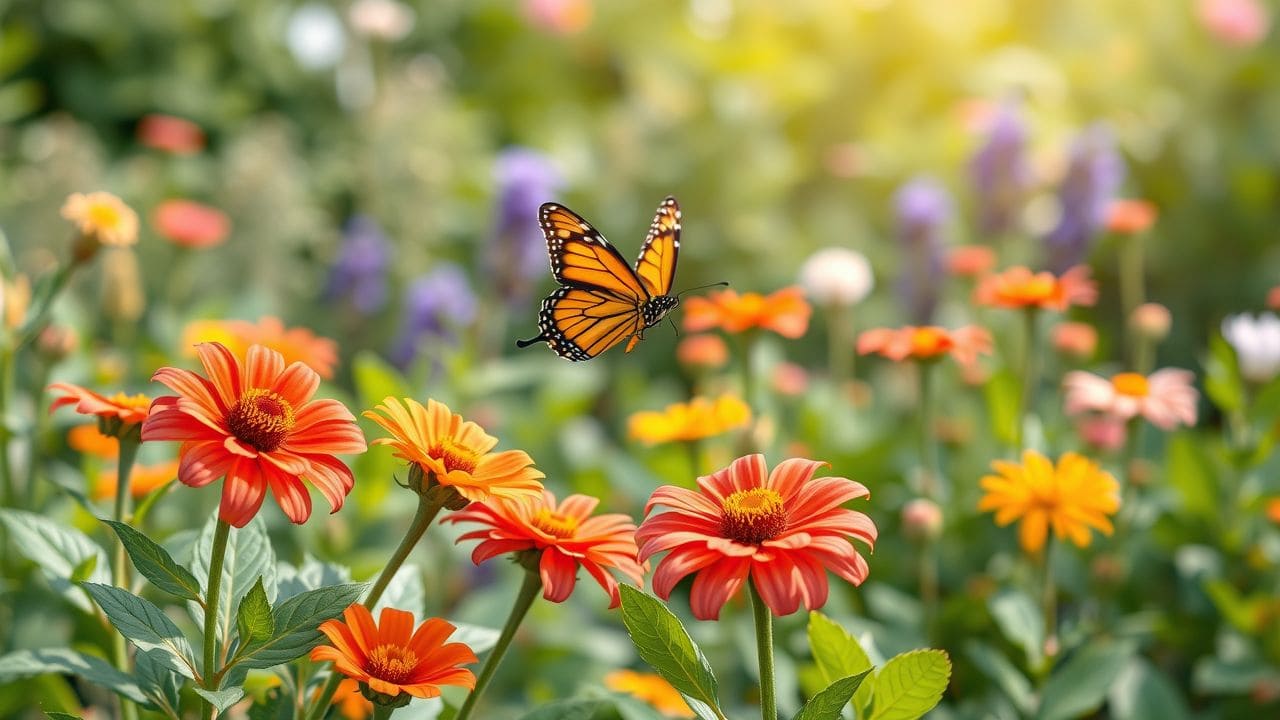 Een rustige tuin met kleurrijke bloemen en vlinders. Een rustige tuin met kleurrijke bloemen en vlinders.