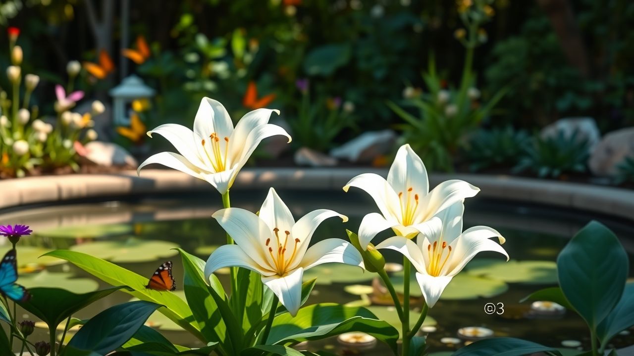 Een vredige tuin met bloeiende lelies en kleurrijke vlinders.