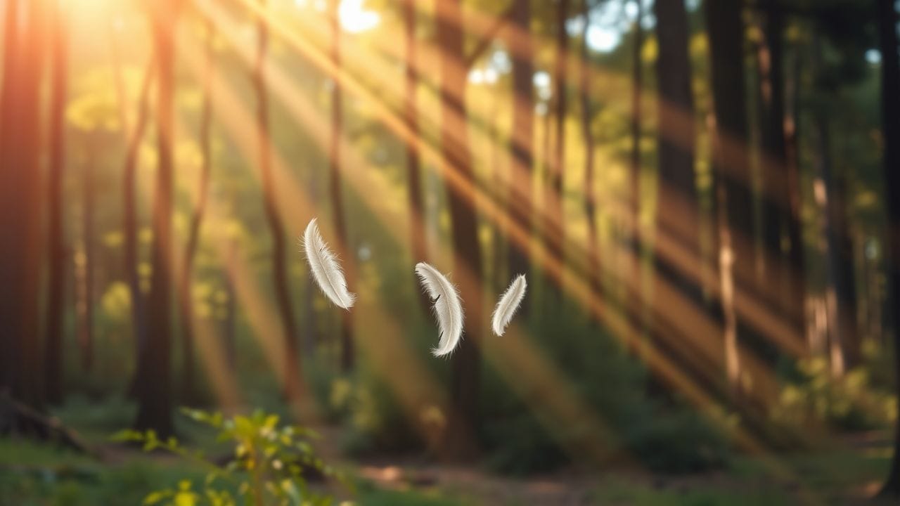 Een vredige bosklaring met zwevende veren en zonnestralen. Een vredige bosklaring met zwevende veren en zonnestralen.