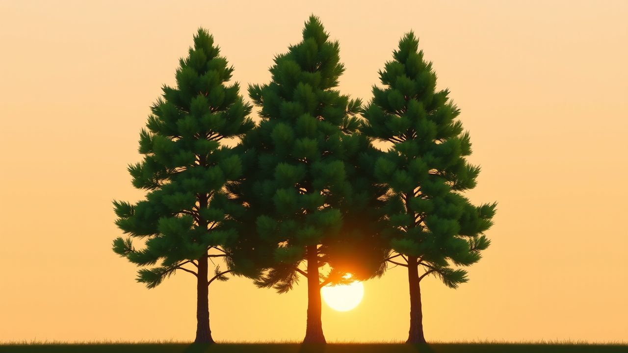 Drie verstrengelde bomen in een zachte zonsondergang, symboliseren eenheid en groei.