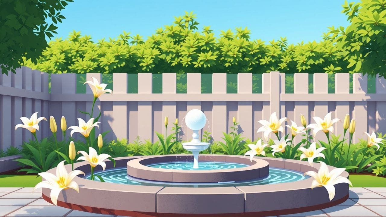 Een rustige tuin met fontein en bloeiende lelies.