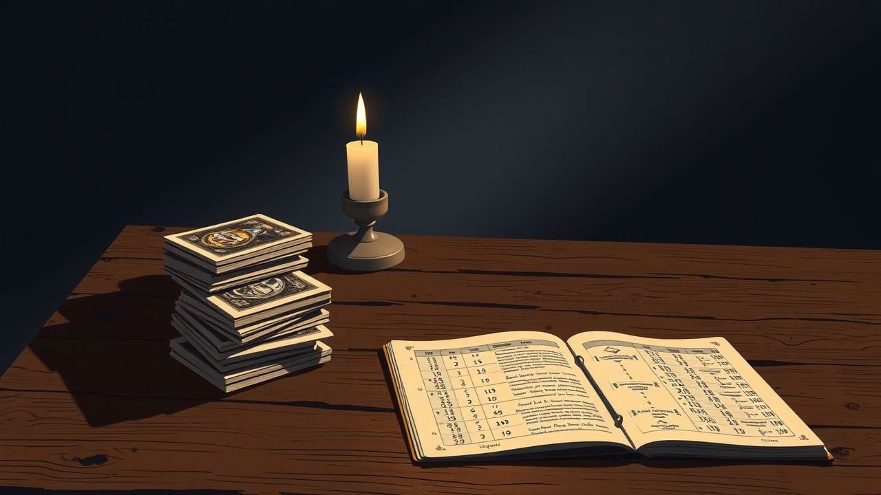Een oude houten bureau met een stapel tarotkaarten en numerologieberekeningen in een mysterieuze sfeer.