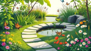 Een rustige tuin met kronkelend pad, vijver en bloemen.