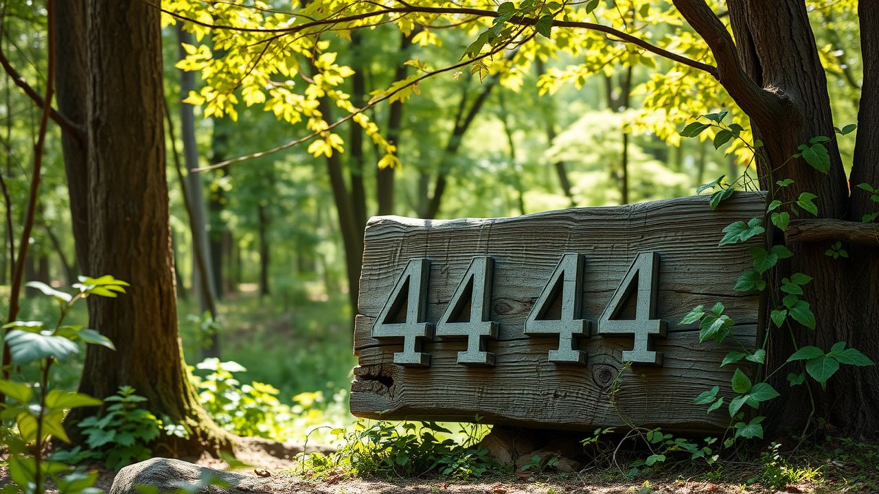 Een verweerd houten bord met het nummer '444' in een bosachtige omgeving.
