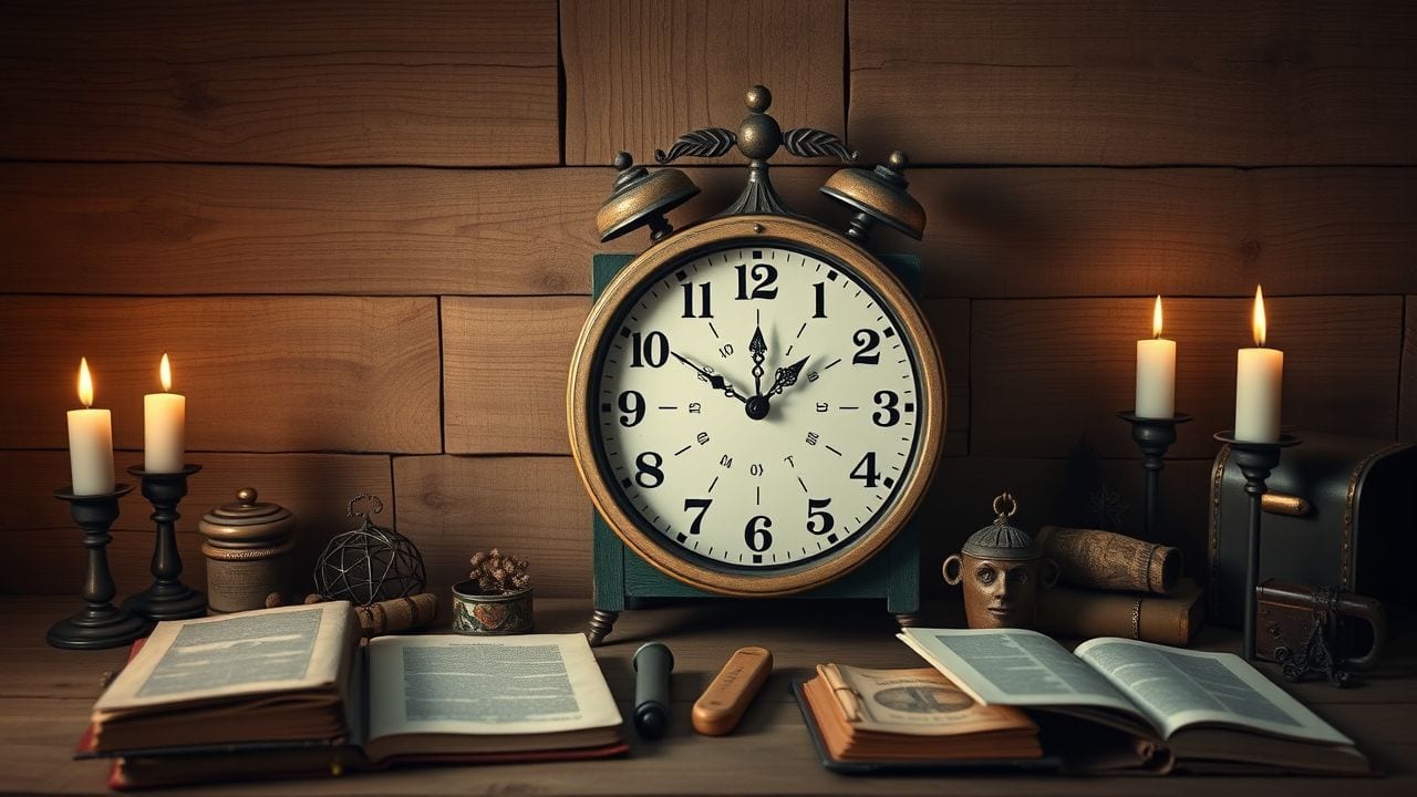 Een vintage klok met een mysterieuze sfeer en oude artefacten eromheen. Een vintage klok met een mysterieuze sfeer en oude artefacten eromheen.