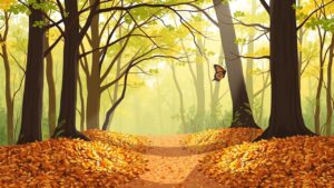 Een vredig bos met een vlinder die uit zijn chrysalis komt.