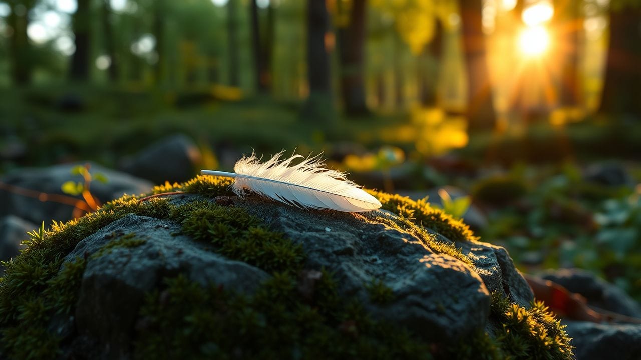 Een zachte veer rust op een met mos bedekte rots in het bos. Een zachte veer rust op een met mos bedekte rots in het bos.