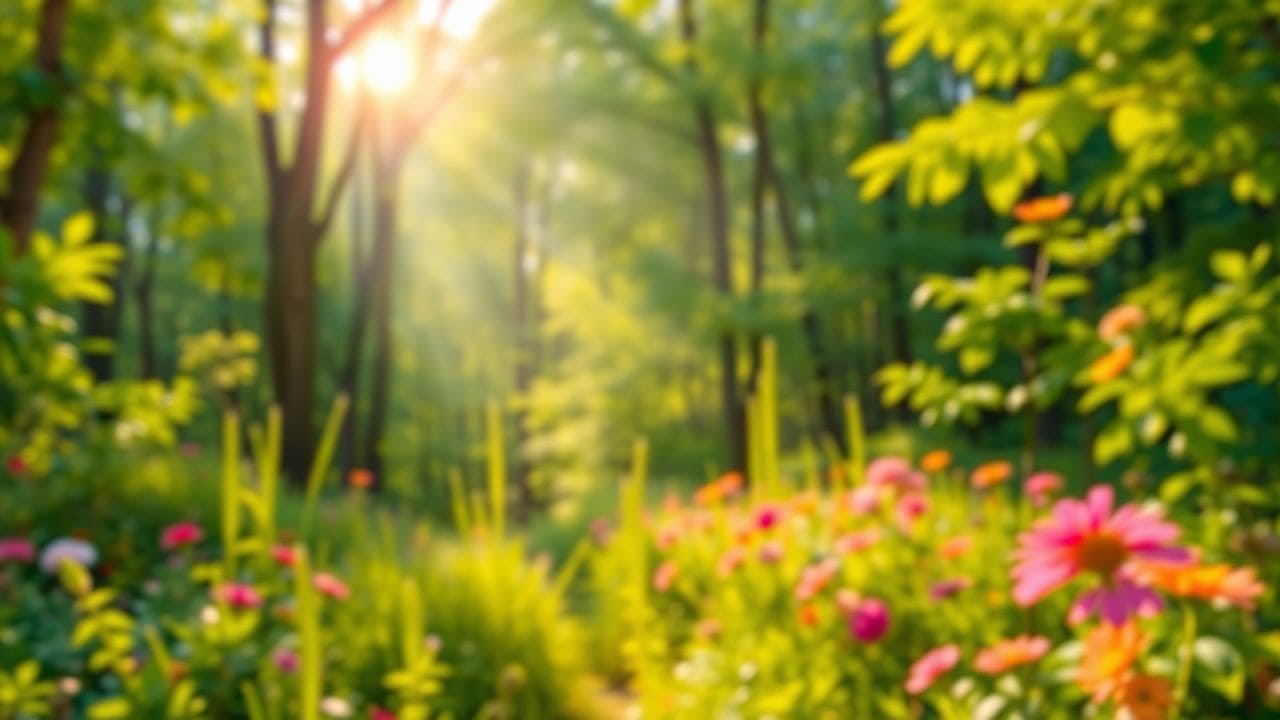Een zacht ochtendlicht dat door de bomen filtert, creëert een serene sfeer in het bloeiende bos.