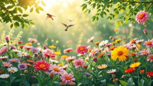 Een serene tuin vol kleurrijke bloemen en rustgevende sfeer.