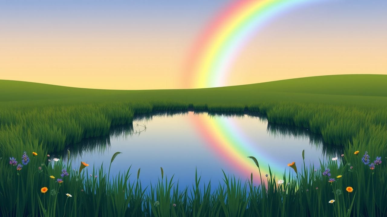Een rustig veld met regenboog, vijver en wilde bloemen. Een rustig veld met regenboog, vijver en wilde bloemen.