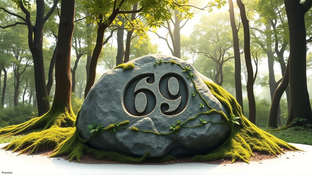Een verweerde steen met het nummer 69 omringd door bosplanten.