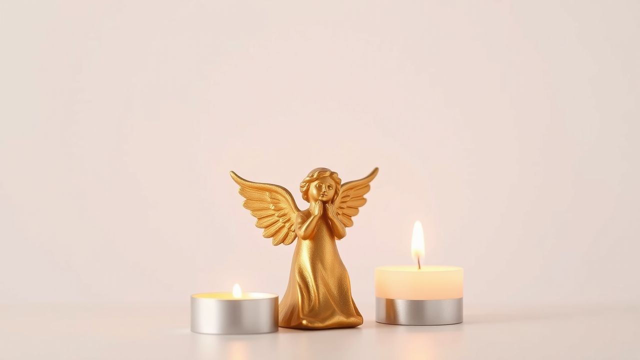 Een gouden engelenfiguurtje tegen een witte achtergrond.