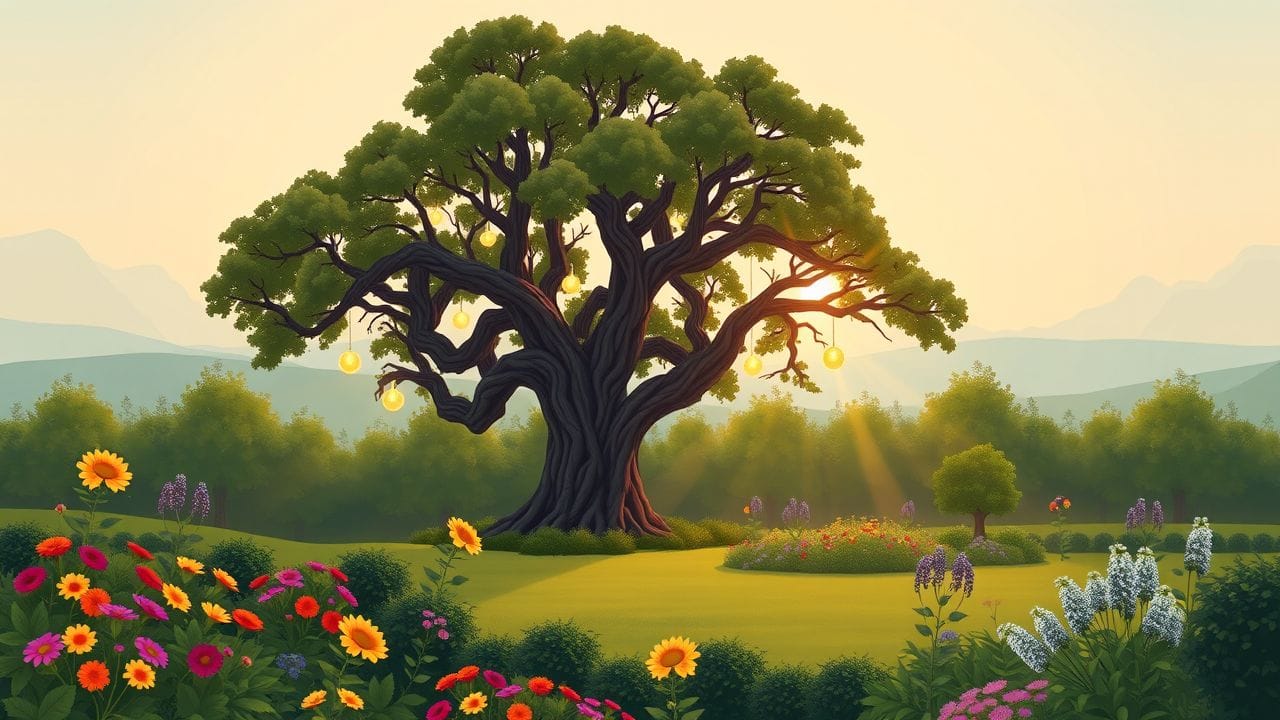 Een vredige tuin met een majestueuze eikenboom bij zonsopgang.