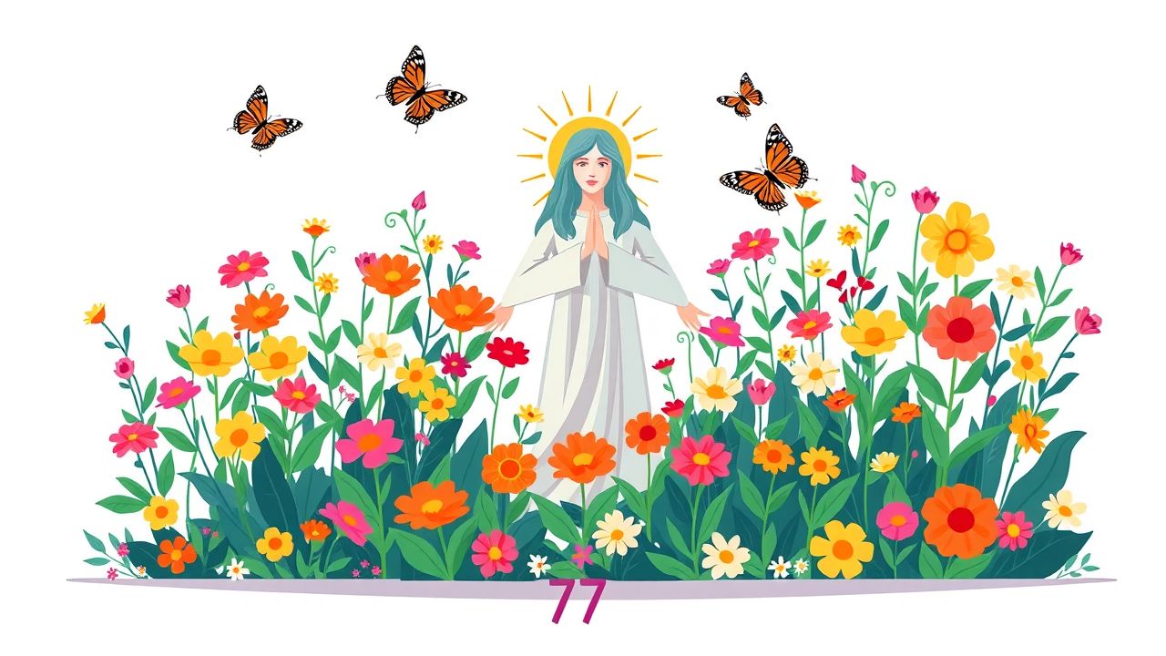 Een hemels figuur in een levendige tuin met bloemen en vlinders.