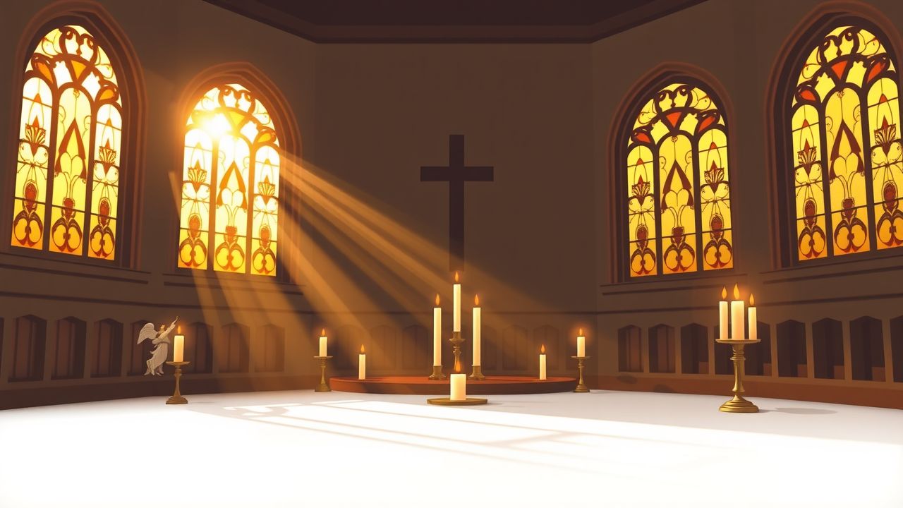 Een vredige en uitnodigende kamer met engelachtige figuren en kaarsen. Een vredige en uitnodigende kamer met engelachtige figuren en kaarsen.