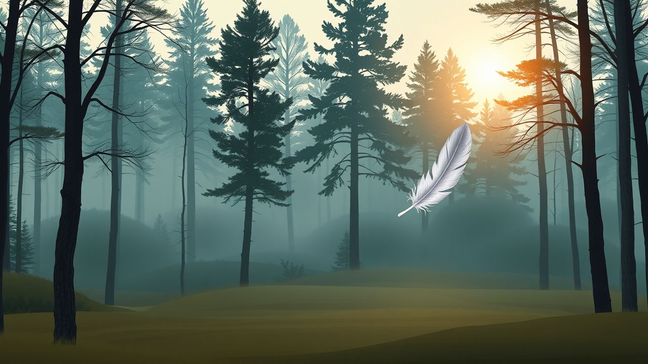 Een rustige bosopen plek bij zonsopgang met zwevende veer.