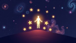 Een glinsterende, hemelse figuur omringd door kosmische landschappen en sterren.
