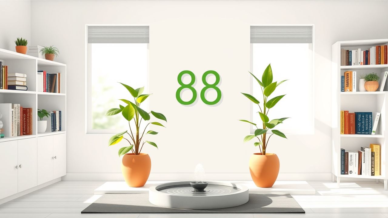 Een vredige kamer met planten, fontein, en boekenplank.