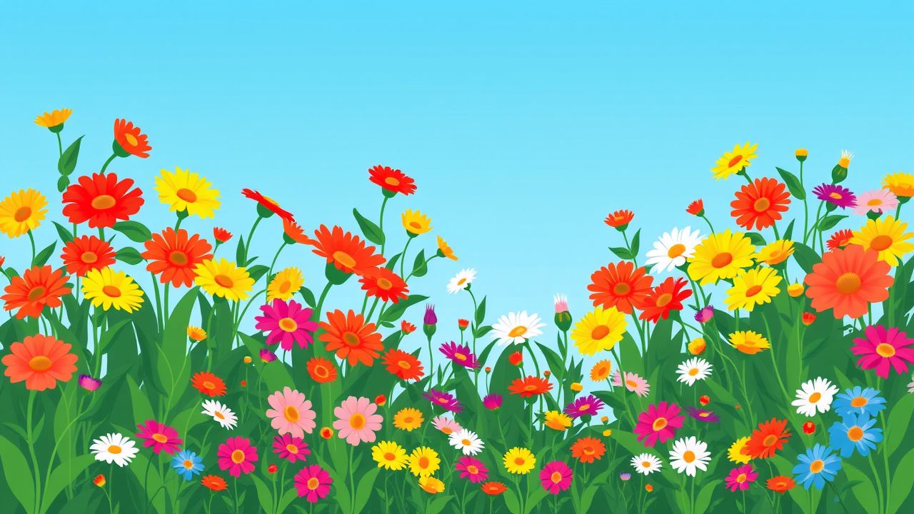 Een rustige tuin vol kleurrijke bloemen onder een heldere blauwe lucht.