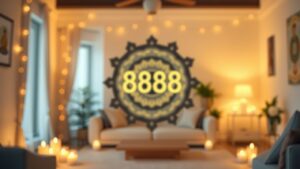 Een mandala met het nummer 8888 staat centraal in een rustige en serene setting.